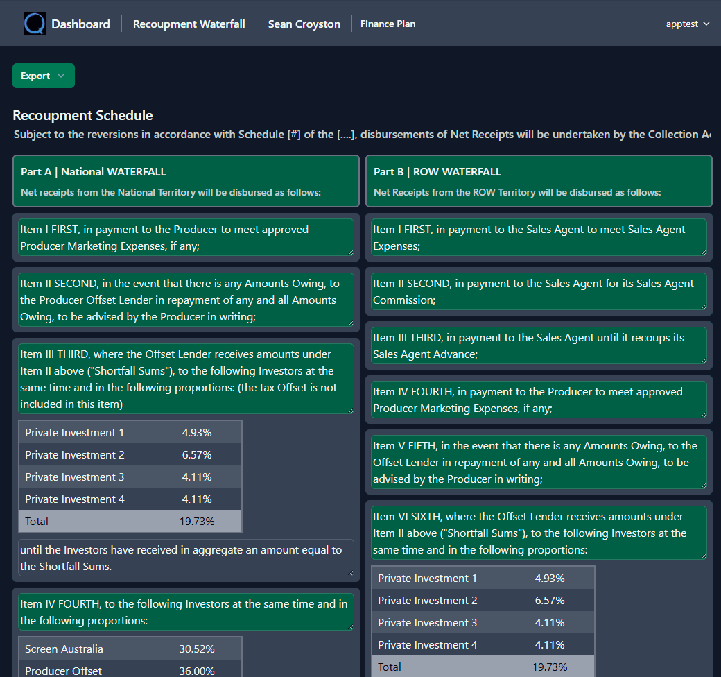 loqyn recoupment waterfall interface