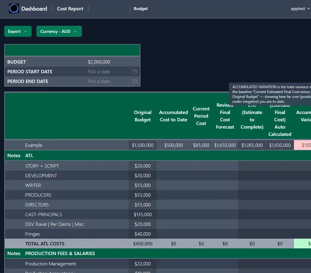 loqyn Cost Report on Screen
