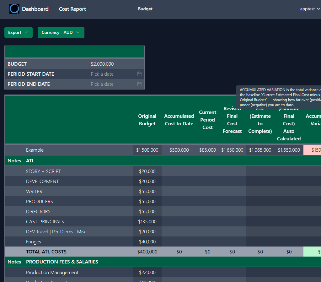 Cost Report showing budget vs actuals variance