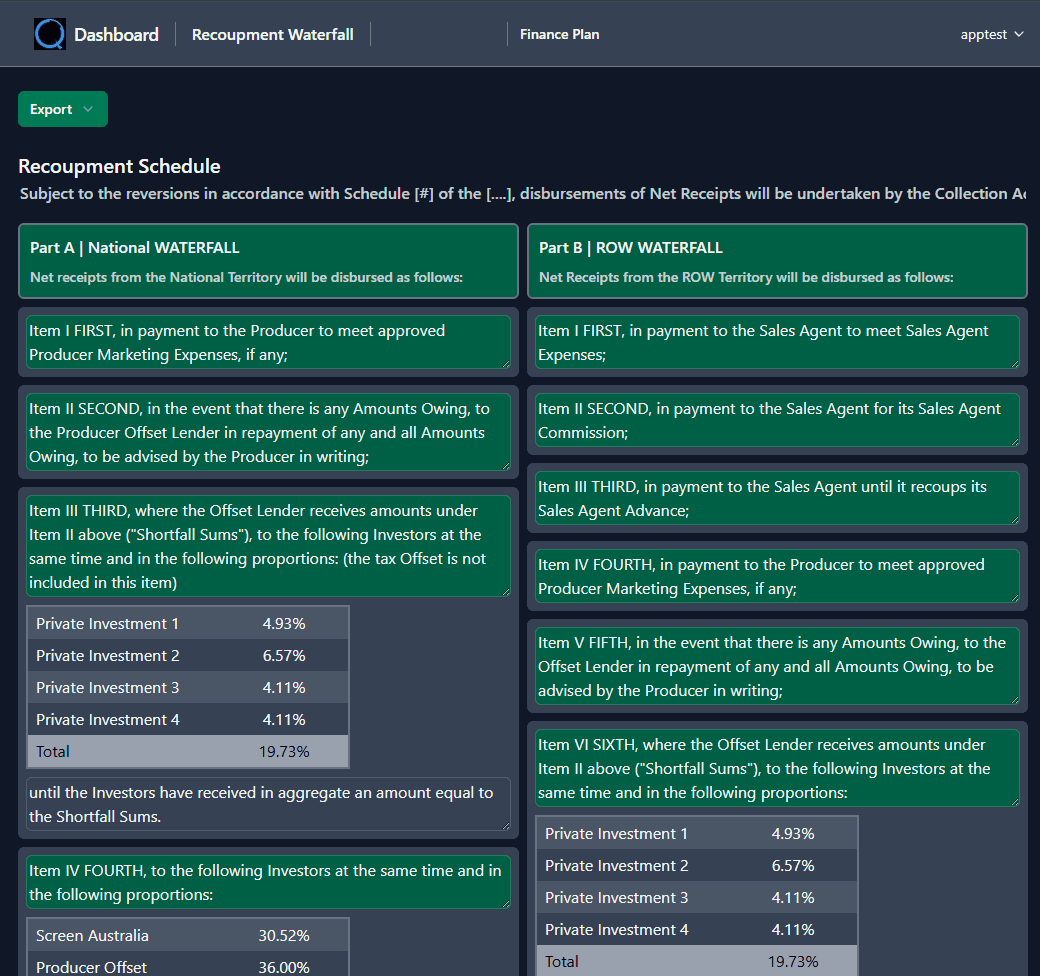 loqyn Recoupment Waterfall interface showing contractual payout order across deal positions